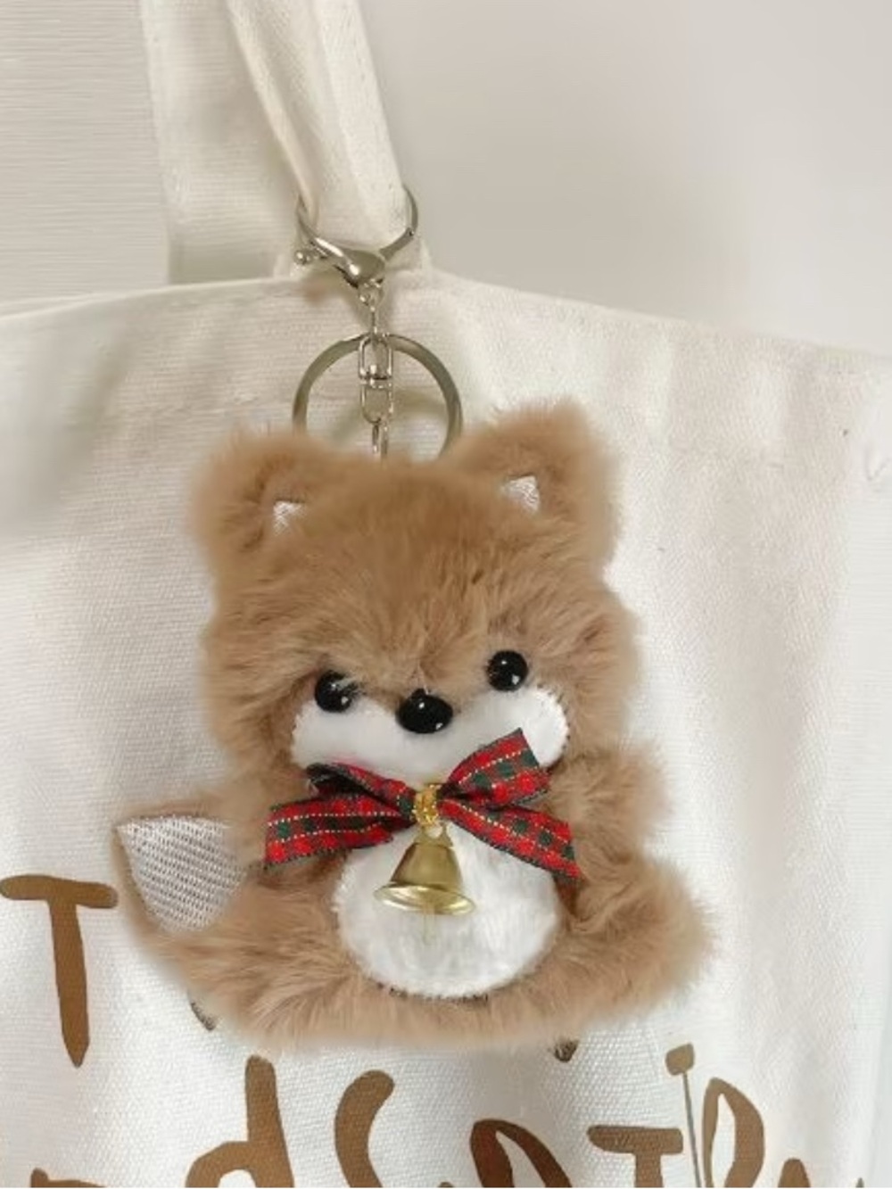 PLUSH Tan Fox Keychain or Bag Charm with Bell and Bow